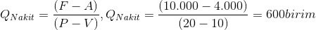 Q_{Nakit}= \frac{(F-A)}{(P-V)},Q_{Nakit}=\frac{(10.000-4.000)}{(20-10)}=600birim