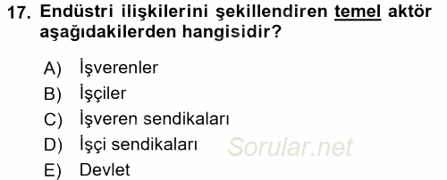 Endüstri Sosyolojisi 2016 - 2017 3 Ders Sınavı 17.Soru