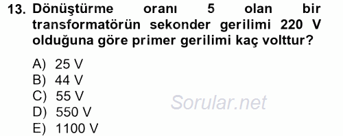 Elektrik Bakım, Arıza Bulma ve Güvenlik 2012 - 2013 Ara Sınavı 13.Soru