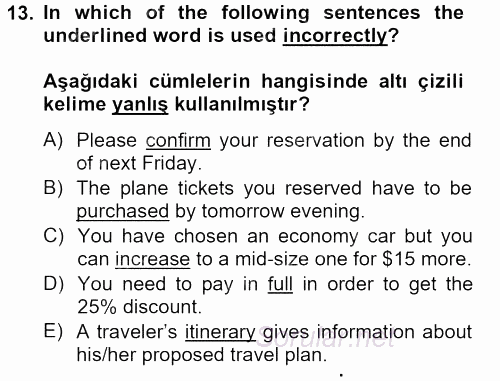 Turizm Için Ingilizce 2 2013 - 2014 Ara Sınavı 13.Soru