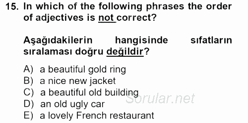 Turizm Için Ingilizce 2 2013 - 2014 Ara Sınavı 15.Soru
