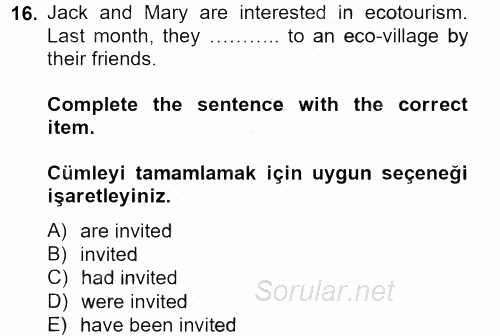 Turizm Için Ingilizce 2 2013 - 2014 Ara Sınavı 16.Soru