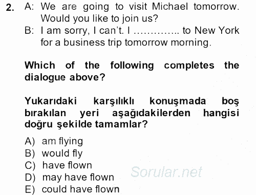 Turizm Için Ingilizce 2 2013 - 2014 Ara Sınavı 2.Soru