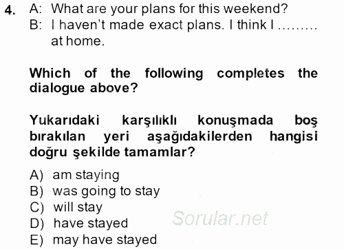 Turizm Için Ingilizce 2 2013 - 2014 Ara Sınavı 4.Soru