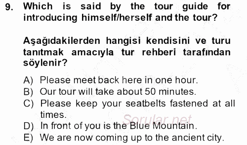 Turizm Için Ingilizce 2 2013 - 2014 Ara Sınavı 9.Soru