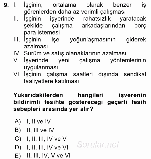Bireysel İş Hukuku 2017 - 2018 Dönem Sonu Sınavı 9.Soru