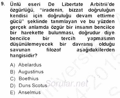 Ortaçağ Felsefesi 1 2014 - 2015 Ara Sınavı 9.Soru