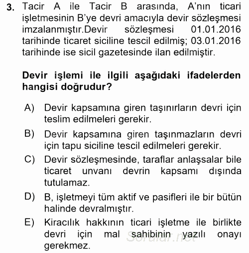 Ticaret Hukuku 1 2016 - 2017 Ara Sınavı 3.Soru