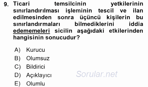 Ticaret Hukuku 1 2016 - 2017 Ara Sınavı 9.Soru