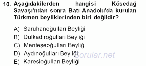 Osmanlı´da İskan ve Göç 2014 - 2015 Ara Sınavı 10.Soru