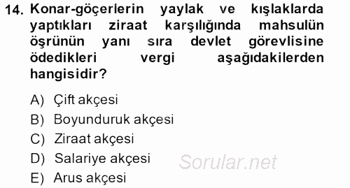 Osmanlı´da İskan ve Göç 2014 - 2015 Ara Sınavı 14.Soru