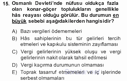 Osmanlı´da İskan ve Göç 2014 - 2015 Ara Sınavı 15.Soru