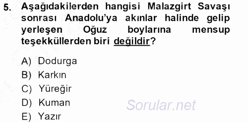 Osmanlı´da İskan ve Göç 2014 - 2015 Ara Sınavı 5.Soru