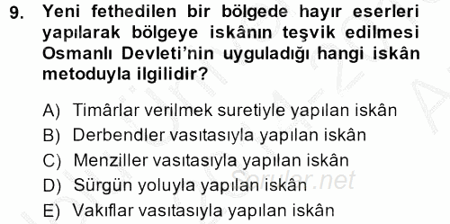 Osmanlı´da İskan ve Göç 2014 - 2015 Ara Sınavı 9.Soru