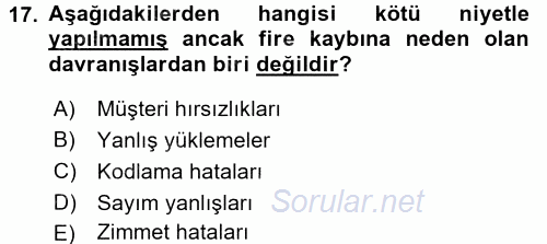 Perakende Yönetimi 2017 - 2018 Dönem Sonu Sınavı 17.Soru