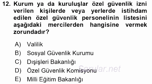 Özel Güvenlik Hukuku 1 2016 - 2017 Dönem Sonu Sınavı 12.Soru