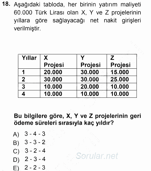 Finansal Yönetim 2012 - 2013 Dönem Sonu Sınavı 18.Soru