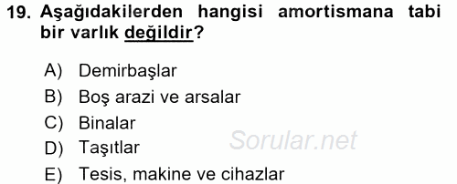 Finansal Tablolar Analizi 2015 - 2016 Ara Sınavı 19.Soru