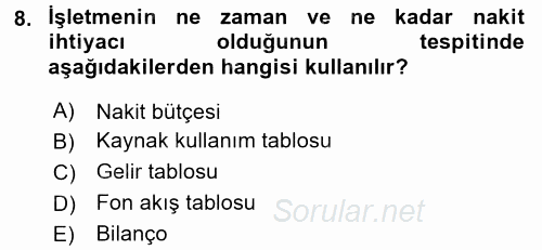 Finansal Tablolar Analizi 2015 - 2016 Ara Sınavı 8.Soru