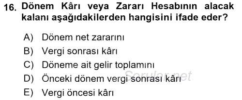Dönemsonu İşlemleri 2015 - 2016 Dönem Sonu Sınavı 16.Soru