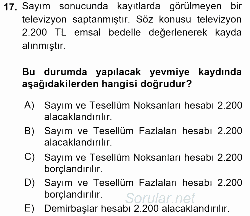 Dönemsonu İşlemleri 2015 - 2016 Dönem Sonu Sınavı 17.Soru