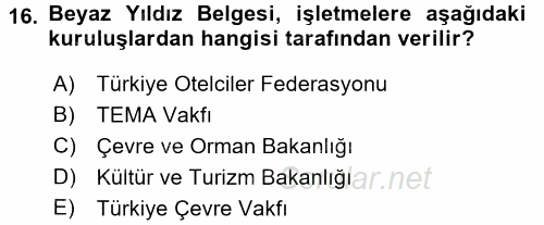 Odalar Bölümü Yönetimi 2015 - 2016 Tek Ders Sınavı 16.Soru