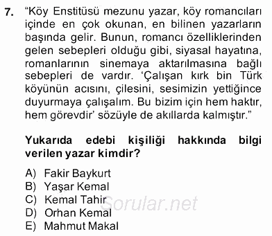 Çağdaş Türk Romanı 2013 - 2014 Ara Sınavı 7.Soru