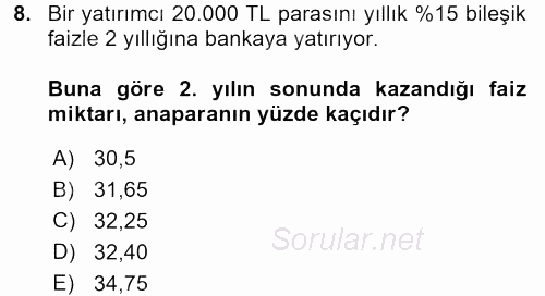 Genel Matematik 2015 - 2016 Tek Ders Sınavı 8.Soru