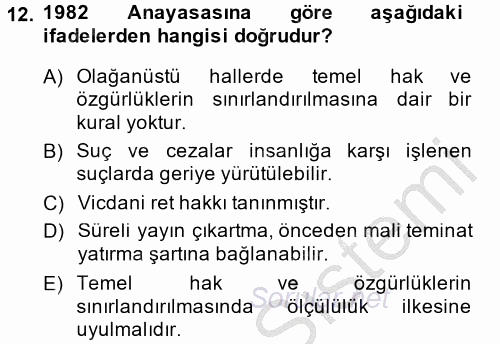 İnsan Hakları Ve Kamu Özgürlükleri 2014 - 2015 Ara Sınavı 12.Soru