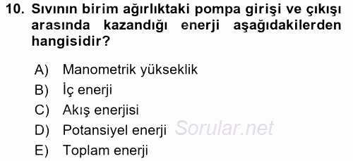 Isıtma Havalandırma ve Klima Sistemlerinde Enerji Ekonomisi 2015 - 2016 Tek Ders Sınavı 10.Soru