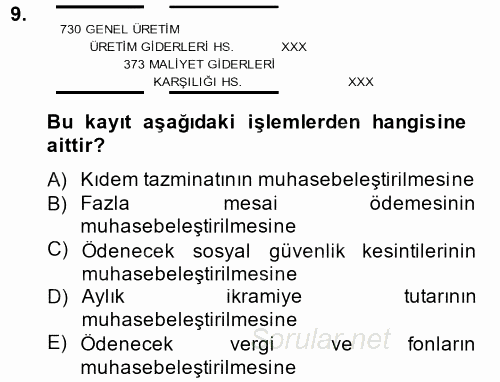 Maliyet Muhasebesi 2013 - 2014 Tek Ders Sınavı 9.Soru