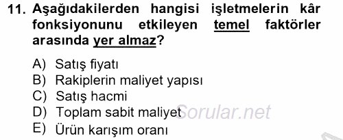 Maliyet Yönetimi 2012 - 2013 Ara Sınavı 11.Soru