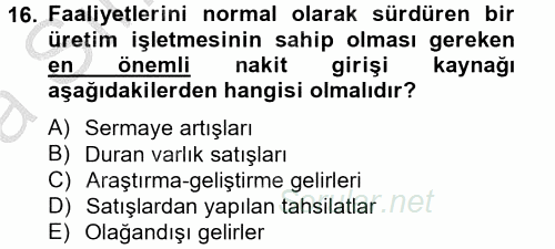 Maliyet Yönetimi 2012 - 2013 Ara Sınavı 16.Soru