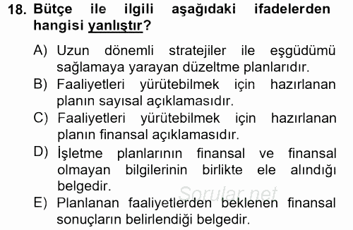 Maliyet Yönetimi 2012 - 2013 Ara Sınavı 18.Soru