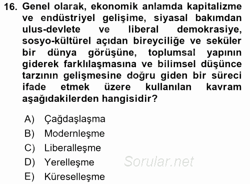 Hukuk Sosyolojisi 2017 - 2018 Dönem Sonu Sınavı 16.Soru