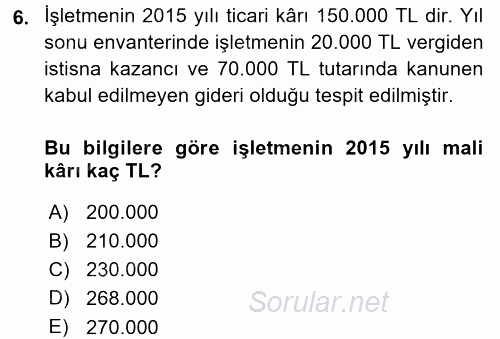 Muhasebe Uygulamaları 2015 - 2016 Dönem Sonu Sınavı 6.Soru