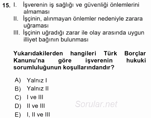 İş Sağlığı ve Güvenliği 2016 - 2017 Ara Sınavı 15.Soru