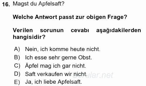 Almanca 1 2016 - 2017 Ara Sınavı 16.Soru