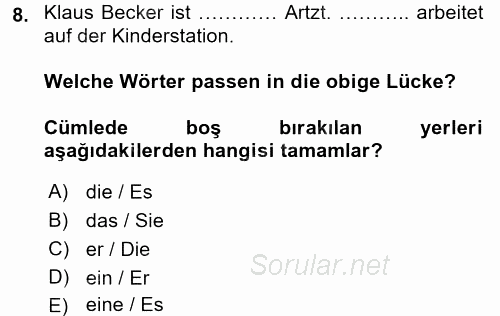 Almanca 1 2016 - 2017 Ara Sınavı 8.Soru