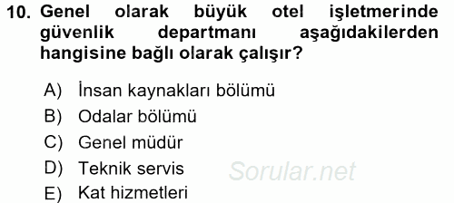 Otel İşletmelerinde Destek Hizmetleri 2016 - 2017 Dönem Sonu Sınavı 10.Soru