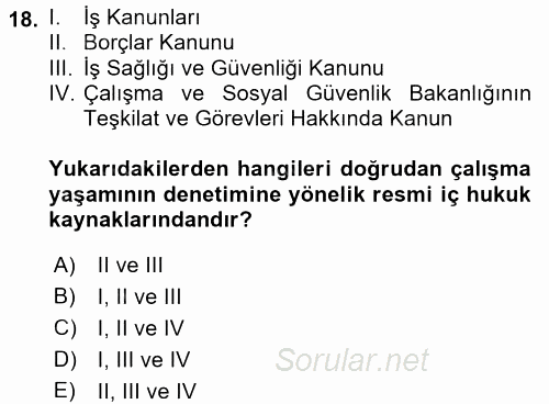 Çalışma Yaşamının Denetimi 2017 - 2018 Ara Sınavı 18.Soru