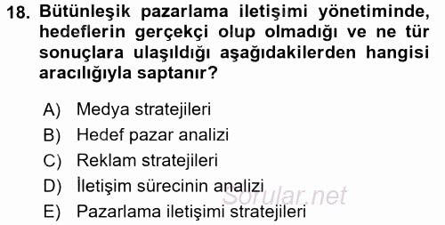 Bütünleşik Pazarlama İletişimi 2015 - 2016 Dönem Sonu Sınavı 18.Soru