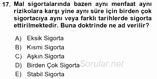 Dış Ticarette Risk Yönetimi Ve Sigortacılık 2017 - 2018 Ara Sınavı 17.Soru