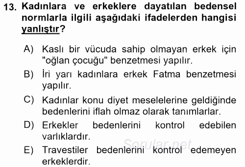 Toplumsal Cinsiyet Çalışmaları 2015 - 2016 Tek Ders Sınavı 13.Soru