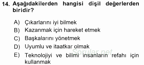 Toplumsal Cinsiyet Çalışmaları 2015 - 2016 Tek Ders Sınavı 14.Soru