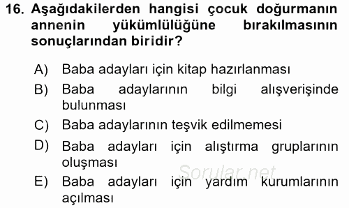 Toplumsal Cinsiyet Çalışmaları 2015 - 2016 Tek Ders Sınavı 16.Soru
