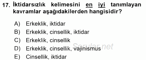 Toplumsal Cinsiyet Çalışmaları 2015 - 2016 Tek Ders Sınavı 17.Soru
