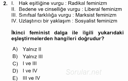 Toplumsal Cinsiyet Çalışmaları 2015 - 2016 Tek Ders Sınavı 2.Soru