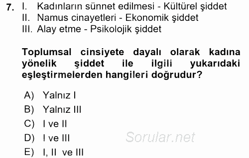 Toplumsal Cinsiyet Çalışmaları 2015 - 2016 Tek Ders Sınavı 7.Soru
