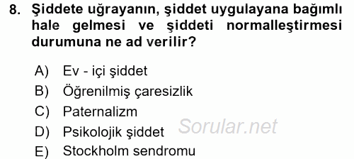 Toplumsal Cinsiyet Çalışmaları 2015 - 2016 Tek Ders Sınavı 8.Soru